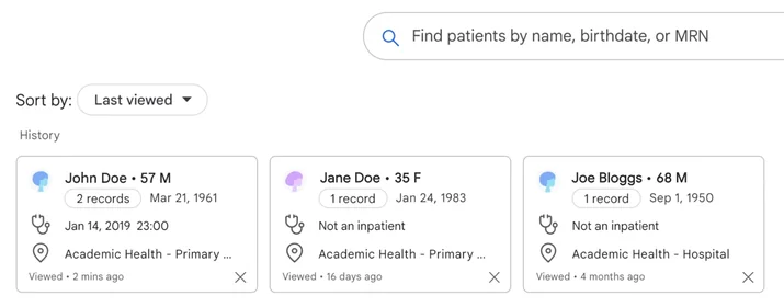 Care Studio patient search with recently viewed patients