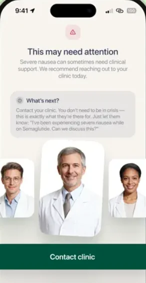 Escalation screen recommending the user contact their clinic