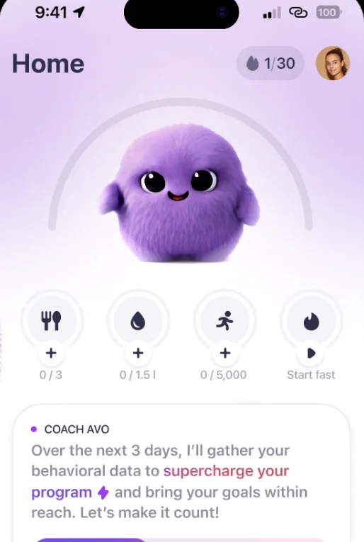 Home screen with Blinky companion and daily trackers