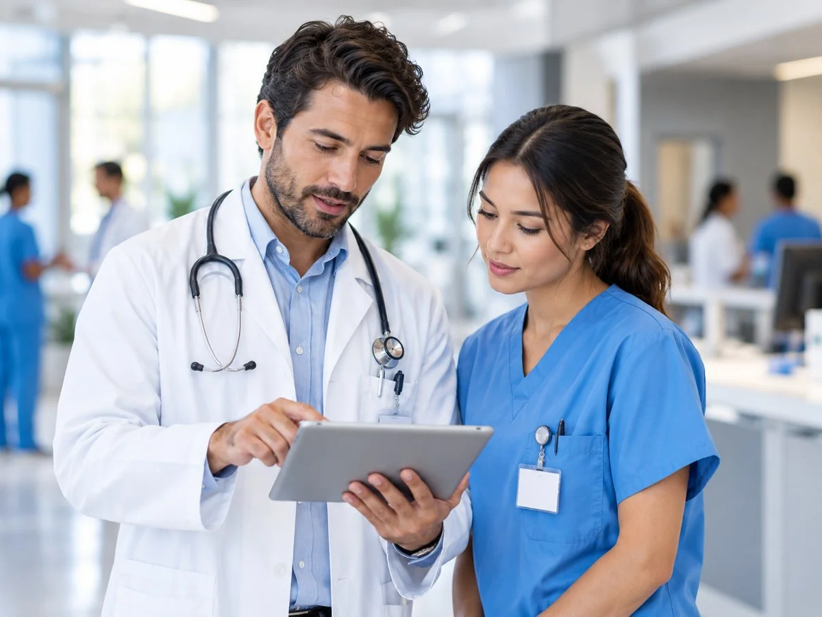 A doctor and a nurse reviewing patient information on a tablet in a hospital