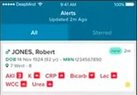 Streams alert for a patient with AKI and abnormal results