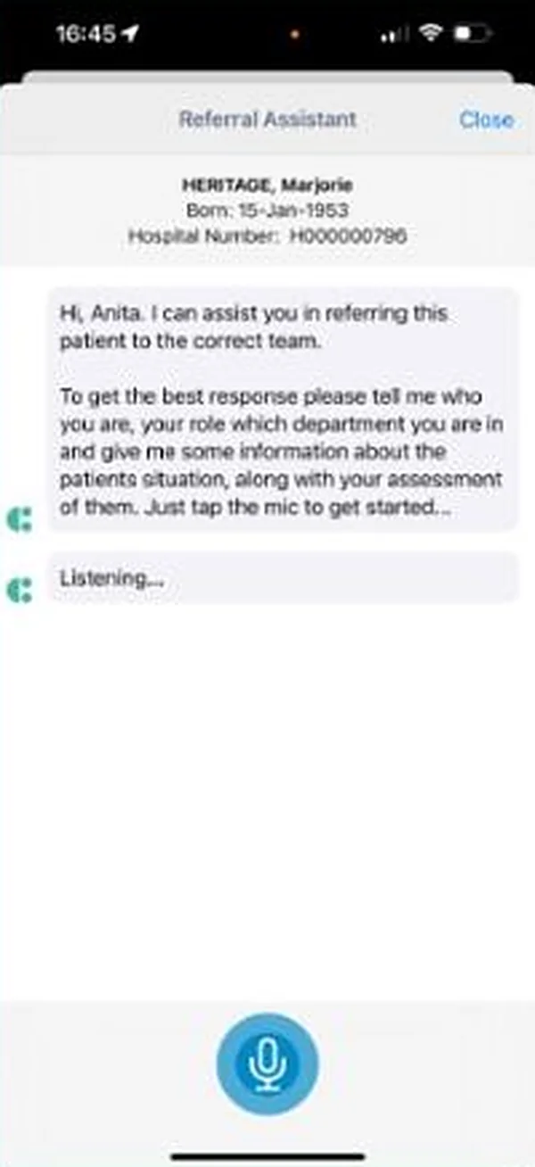 Referral Assistant conversation asking the clinician about the patient's situation